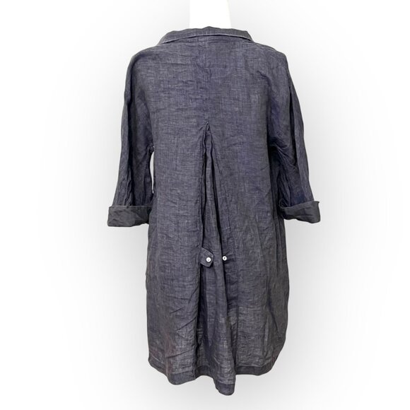 G.Botticelli 100% Linen M Tunic Dress Navy Gray Button Front 3/4 Sleeve Zip - Picture 3 of 13
